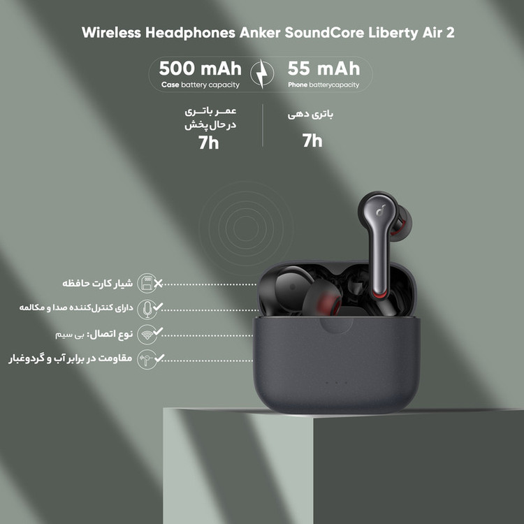 هدفون بلوتوثی انکر مدل SoundCore Liberty Air 2 بدون قابلیت نویز کنسلینگ، درگاه شارژ USB Type-C، دارای کنترل لمسی، مقاوم در برابر رطوبت و عرق