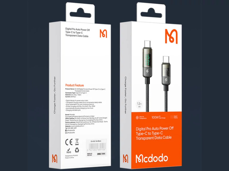کابل سوپر فست شارژ هوشمند دو سر تایپسی 100 وات 1.2 متری مک دودو Mcdodo Digital Pro Auto Power Off Type-C to Type-C C...