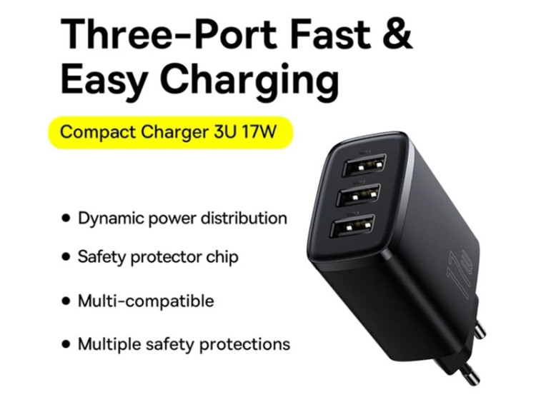 شارژر دیواری سه پورت یواسبی 17 وات بیسوس Baseus Compact Charger 3U 17W EU CCXJ020101