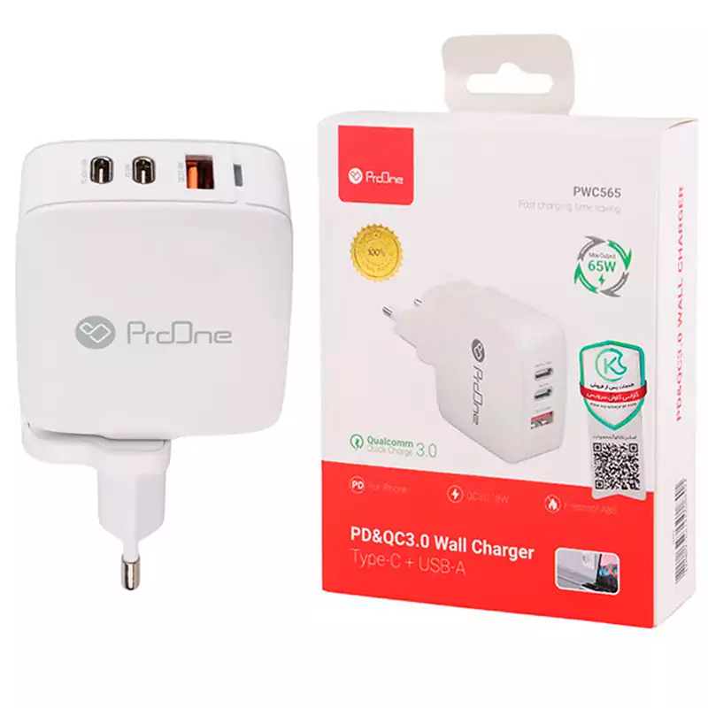 شارژر دیواری تایپ سی و یو اس بی 65 وات پرووان PWC565