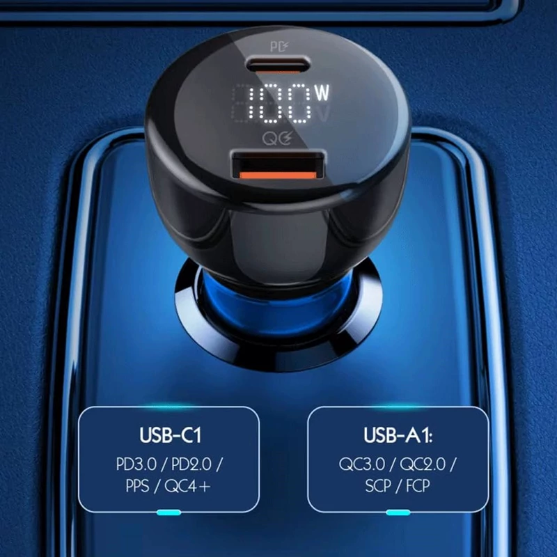 شارژر فندکی فست شارژ ماشین تایپسی 65 وات و یواسبی 30 وات الدنیو همراه کابل دوسر تایپسی C101
