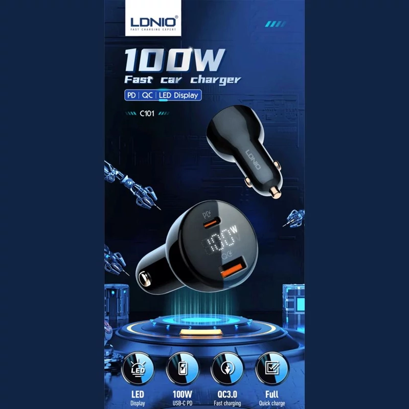 شارژر فندکی فست شارژ ماشین تایپسی 65 وات و یواسبی 30 وات الدنیو همراه کابل دوسر تایپسی C101