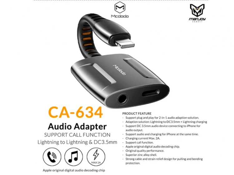 مبدل لایتنینگ به لایتنینگ و جک 3.5mm مکدودو CA-6340 Mcdodo Dual Port Lightning To Lightning+ jack 3.5mm Transmission