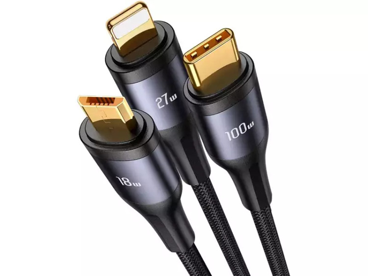 کابل شارژ سه سر تایپ سی به تایپ سی، میکرو و لایتنینگ 100 وات 1.2 متری یوسامز Usams US-SJ600 U83 Fast Charging & D...