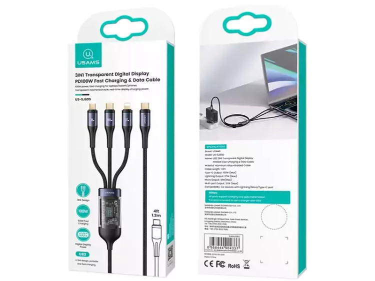 کابل شارژ سه سر تایپ سی به تایپ سی، میکرو و لایتنینگ 100 وات 1.2 متری یوسامز Usams US-SJ600 U83 Fast Charging & D...