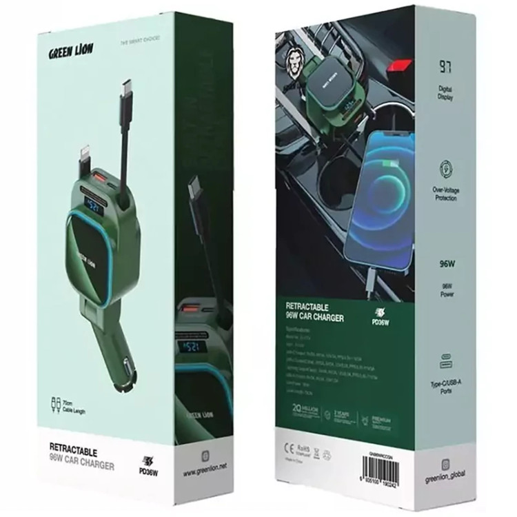 شارژر فندکی فست شارژ ماشین 96 وات USB، Type-C و Lightning گرین لاین GN96WRCCGN