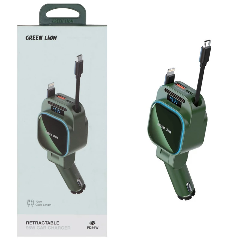شارژر فندکی فست شارژ ماشین 96 وات USB، Type-C و Lightning گرین لاین GN96WRCCGN