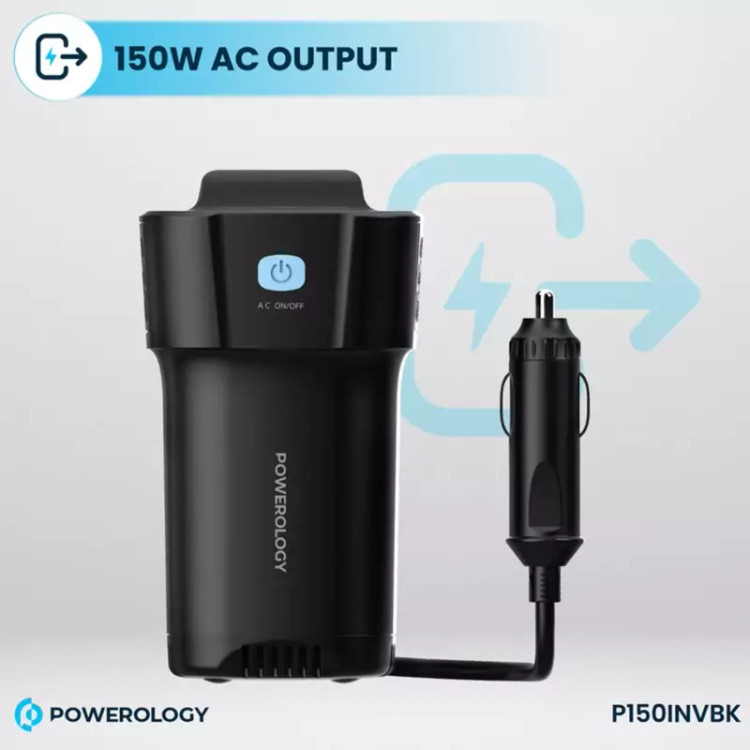 اینورتر و شارژر فندکی فست شارژ ماشین تایپ سی و یو اس بی 150 وات پاورولوژی P150INVBK