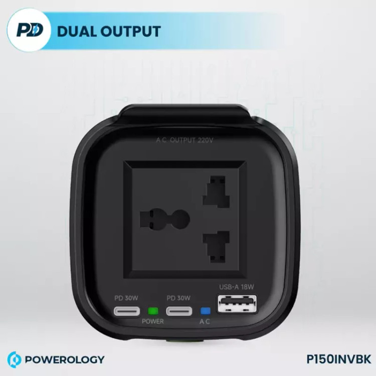 اینورتر و شارژر فندکی فست شارژ ماشین تایپ سی و یو اس بی 150 وات پاورولوژی P150INVBK