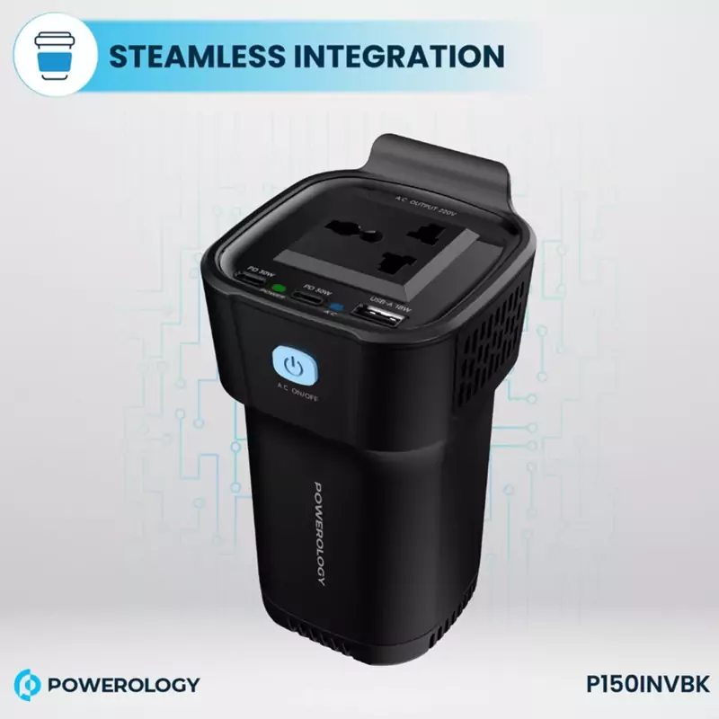 اینورتر و شارژر فندکی فست شارژ ماشین تایپ سی و یو اس بی 150 وات پاورولوژی P150INVBK
