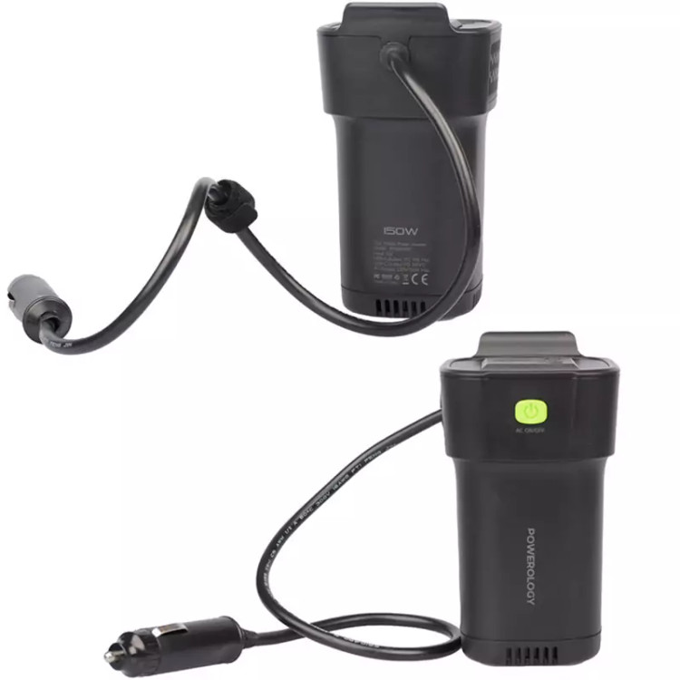 اینورتر و شارژر فندکی فست شارژ ماشین تایپ سی و یو اس بی 150 وات پاورولوژی P150INVBK