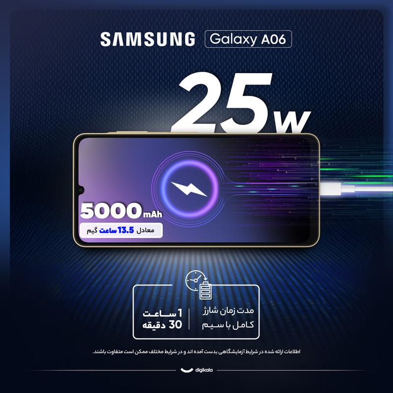 گوشی موبایل سامسونگ مدل Galaxy A06 دو سیم کارت ظرفیت 64 گیگابایت و رم 4 گیگابایت - به همراه شارژر 25 وات سامسونگ