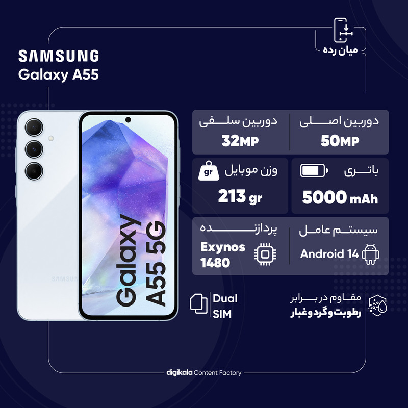 گوشی موبایل سامسونگ مدل Galaxy A55 دو سیم کارت ظرفیت 128 گیگابایت و رم 8 گیگابایت به همراه شارژر سامسونگ - ویتنام