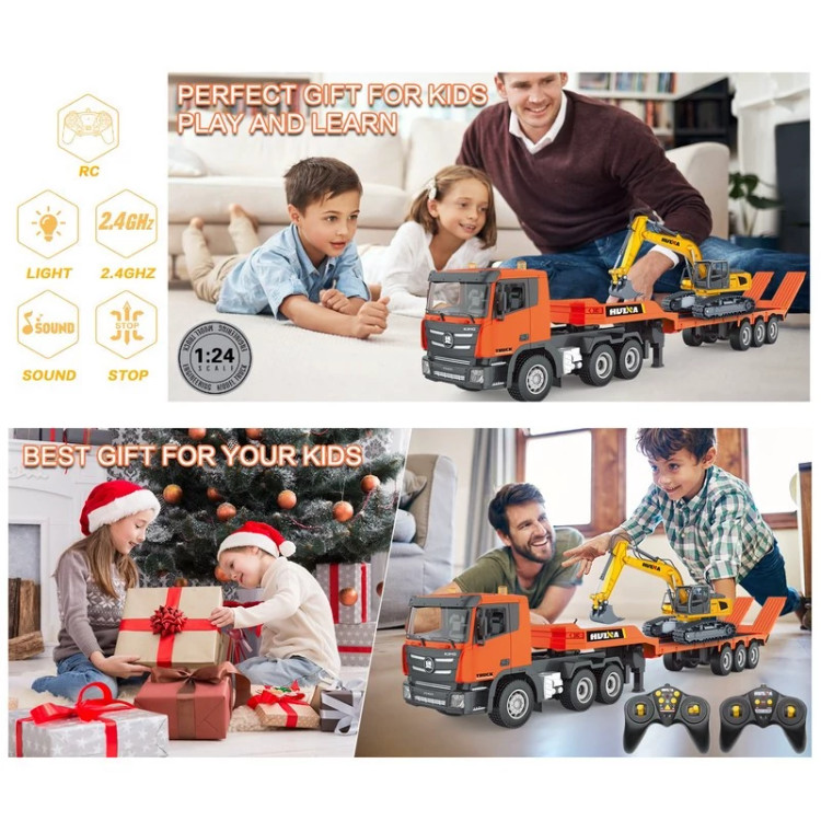 ماشین بازی کنترلی هوینا مدل تریلر حمل بیل مکانیکی مجموعه 2 عددی