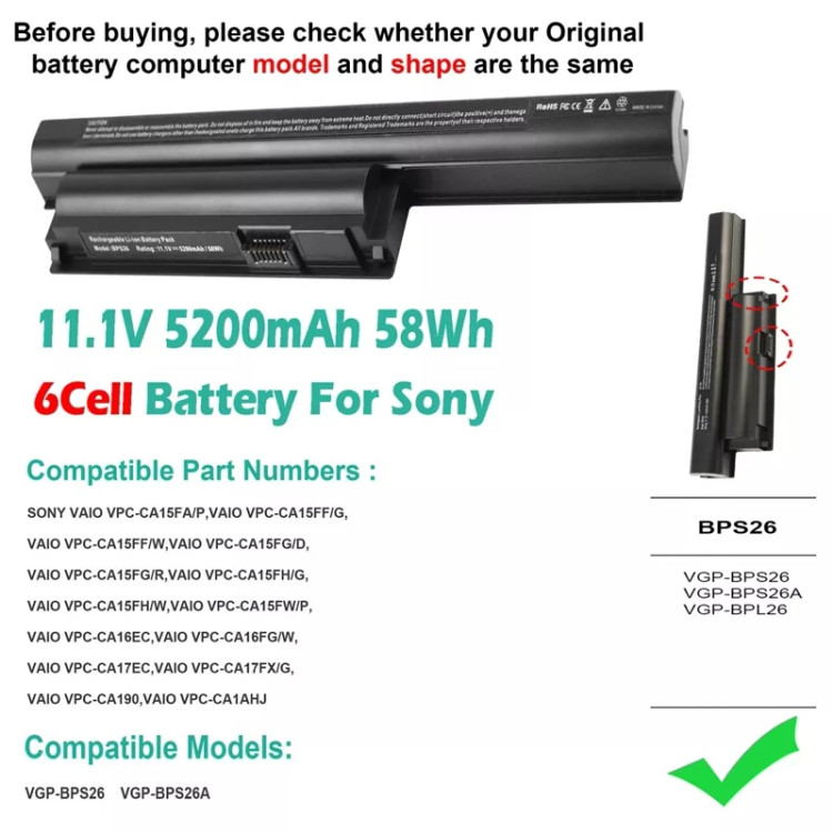 باتری اورجینال لپ تاپ سونیSony VGP-BPS26 ظرفیت 5200میلی امپر اورجینال امازون