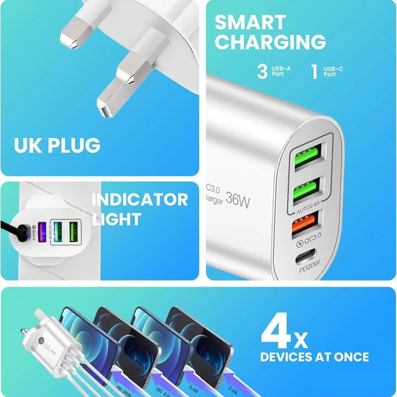 فست شارژر4 پورت هوشمند36 واتPD/شارژ همزمان4 دستگاه اورجینال اروپا