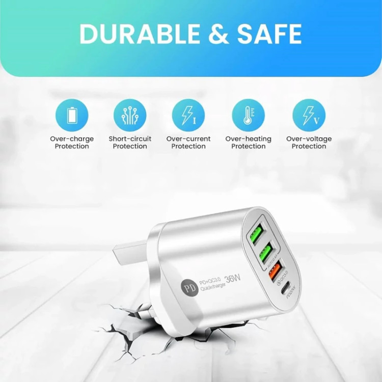 فست شارژر4 پورت هوشمند36 واتPD/شارژ همزمان4 دستگاه اورجینال اروپا