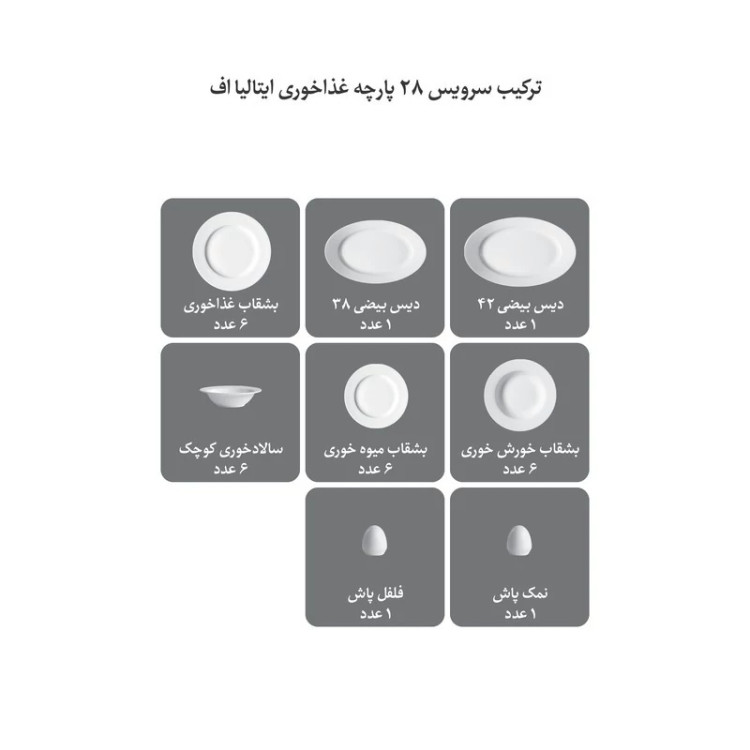 سرویس غذاخوری 28 پارچه چینی زرین ایران مدل ایتالیا اف برایدال درجه یک
