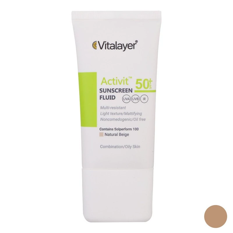فلوئید ضدآفتاب رنگی ویتالیر SPF50 مدل Activit، مناسب پوست‌های چرب، حجم 50 میلی‌لیتر