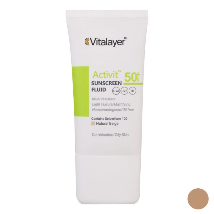 فلوئید ضدآفتاب رنگی ویتالیر SPF50 مدل Activit، مناسب پوستهای چرب، حجم 50 میلیلیتر