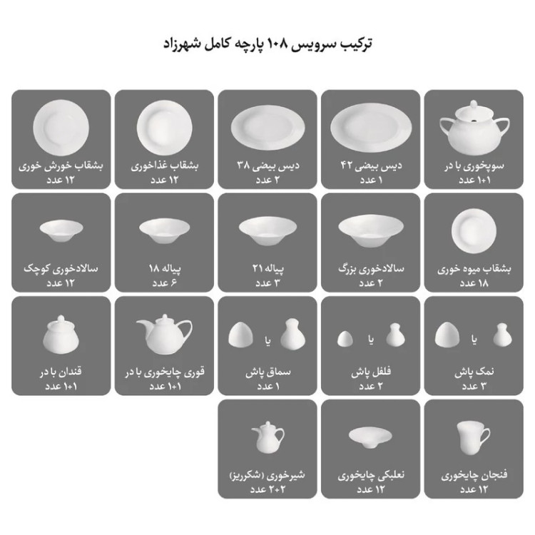 سرویس غذاخوری 108 پارچه چینی زرین ایران سری شهرزاد مدل سان رایز درجه یک
