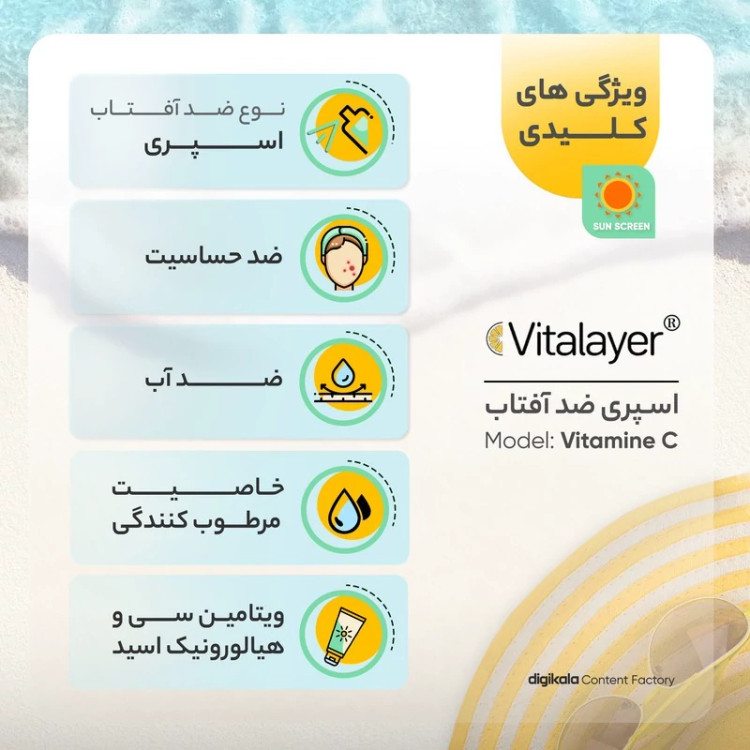 اسپری ضدآفتاب بدون رنگ ویتالیر SPF50 مدل Vitamine C مناسب برای انواع پوست، حجم 150 میلیلیتر