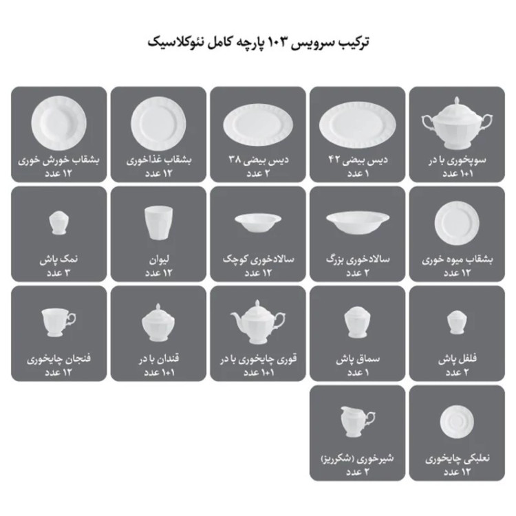 سرویس غذاخوری 103 پارچه چینی زرین ایران سری نئوکلاسیک مدل نارسیس درجه عالی