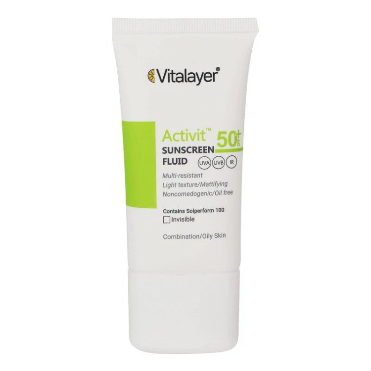 فلوئید ضدآفتاب بیرنگ ویتالیر SPF50 مدل Activit، مناسب پوستهای مختلط و چرب، حجم 50 میلیلیتر