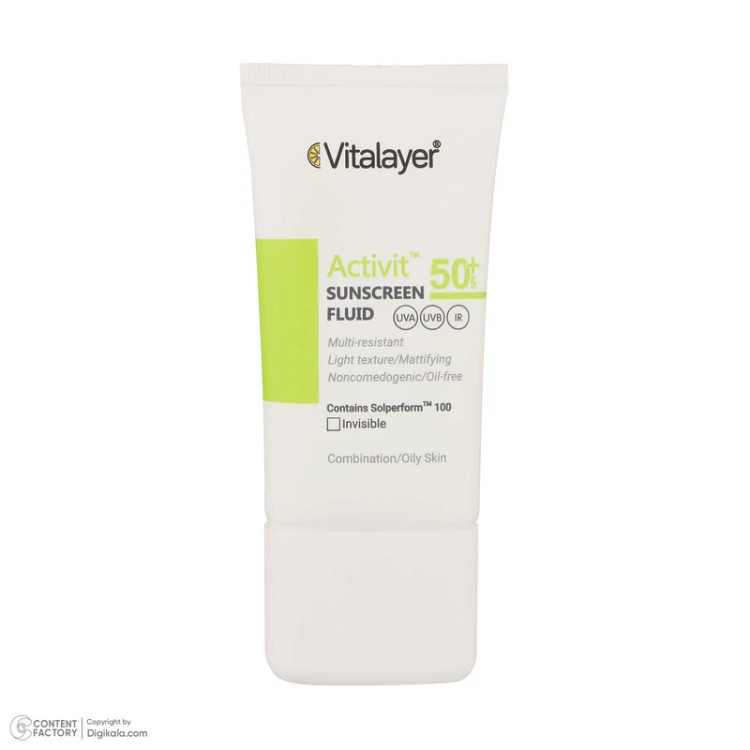 فلوئید ضدآفتاب بیرنگ ویتالیر SPF50 مدل Activit، مناسب پوستهای مختلط و چرب، حجم 50 میلیلیتر