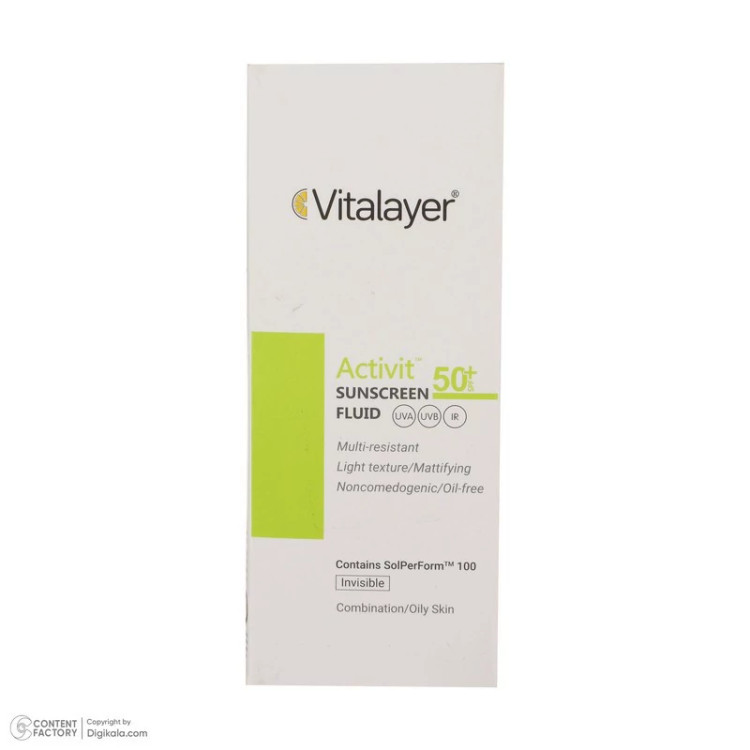 فلوئید ضدآفتاب بیرنگ ویتالیر SPF50 مدل Activit، مناسب پوستهای مختلط و چرب، حجم 50 میلیلیتر