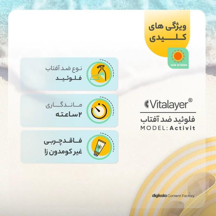 فلوئید ضدآفتاب بیرنگ ویتالیر SPF50 مدل Activit، مناسب پوستهای مختلط و چرب، حجم 50 میلیلیتر