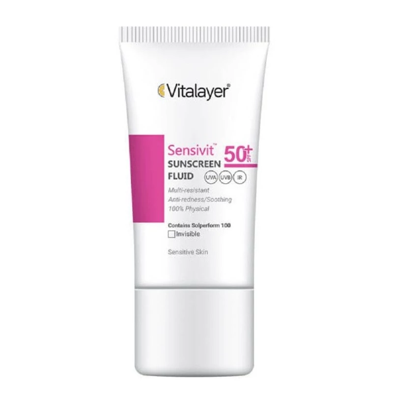 فلوئید ضد آفتاب بی‌رنگ ویتالیر، spf 50، مدل 0128، مناسب پوست های حساس با حجم 50 میلی‌لیتر، ضد حساسیت، محافظت‌کننده در بر
