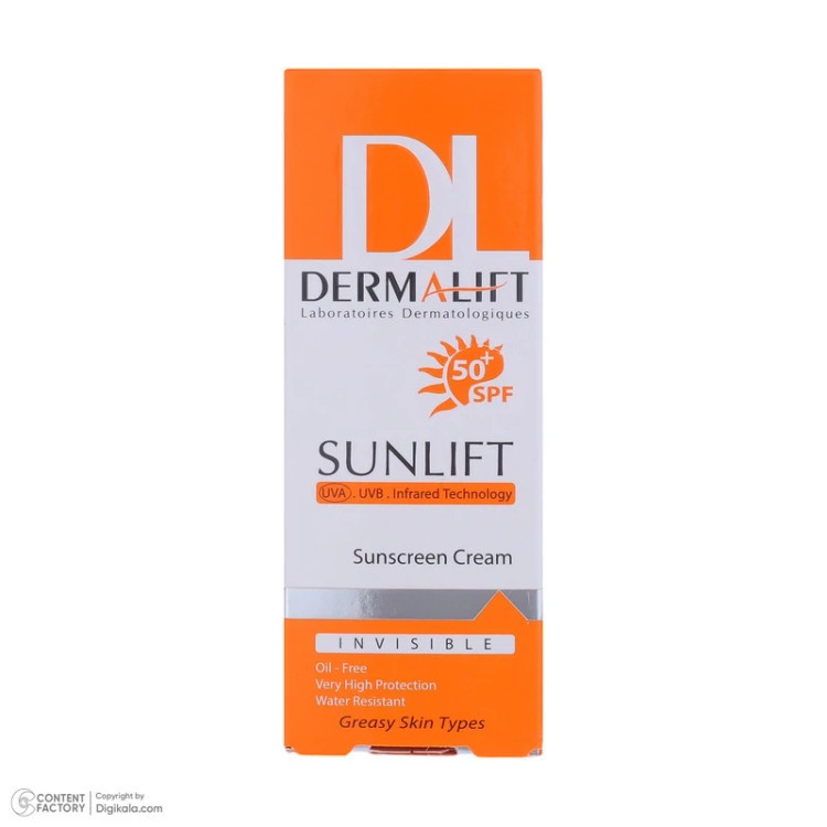 کرم ضدآفتاب بیرنگ درمالیفت مدل SPF50، مناسب پوستهای چرب، حجم 40 میلیلیتر