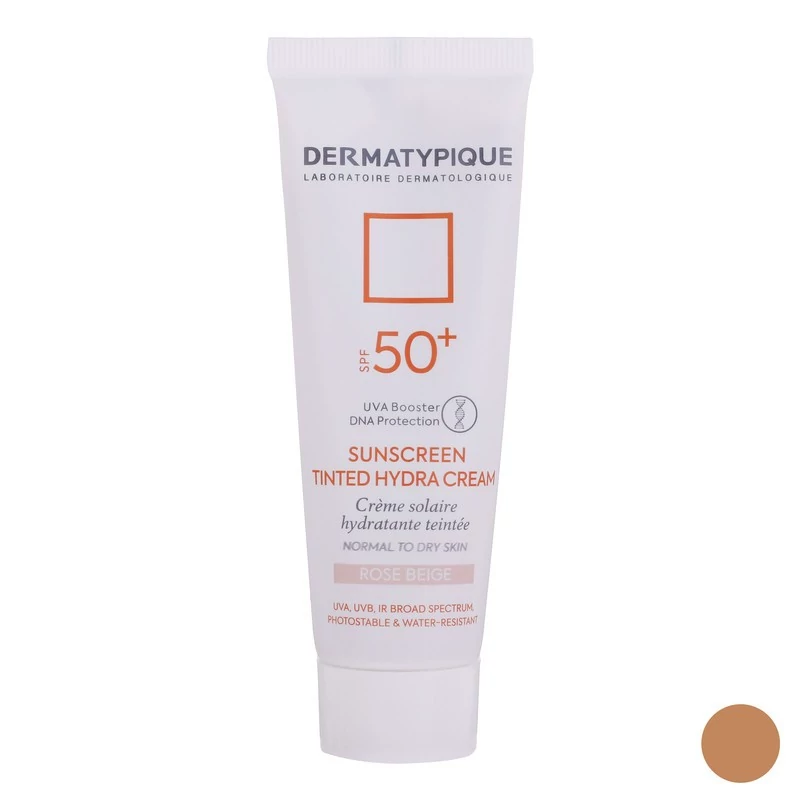کرم ضد آفتاب رنگی درماتیپیک، 50 SPF، مدل هیدرا، مناسب پوست نرمال تا خشک تنالیته رنگ روشن و حجم 50 میلی‌لیتر، محافظت کنند
