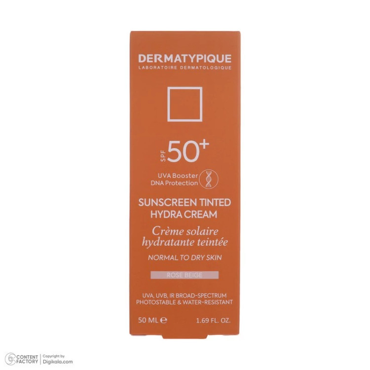 کرم ضد آفتاب رنگی درماتیپیک، 50 SPF، مدل هیدرا، مناسب پوست نرمال تا خشک تنالیته رنگ روشن و حجم 50 میلیلیتر، محافظت کنند