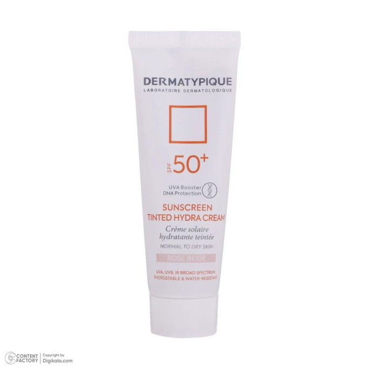 کرم ضد آفتاب رنگی درماتیپیک، 50 SPF، مدل هیدرا، مناسب پوست نرمال تا خشک تنالیته رنگ روشن و حجم 50 میلیلیتر، محافظت کنند