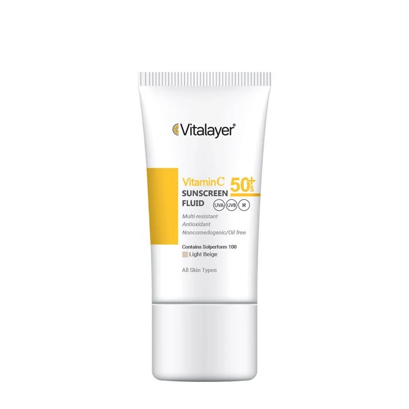 فلوئید ضدآفتاب رنگی ویتالیر، 50 SPF، مدل Vitamin C، مناسب انواع پوست تنالیته رنگ متوسط و حجم 50 میلی‌لیتر، ضد آب، محافظت