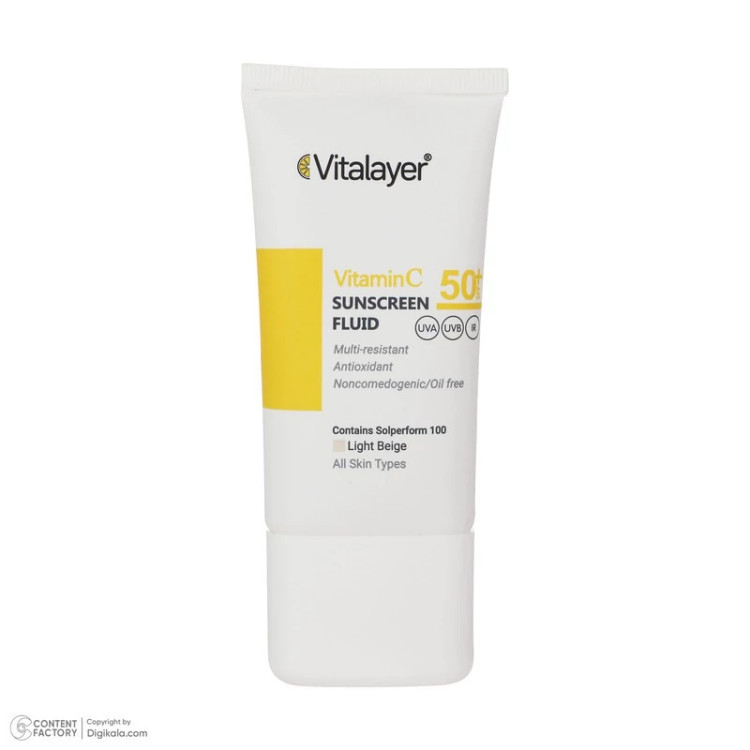 فلوئید ضدآفتاب رنگی ویتالیر، 50 SPF، مدل Vitamin C، مناسب انواع پوست تنالیته رنگ متوسط و حجم 50 میلیلیتر، ضد آب، محافظت