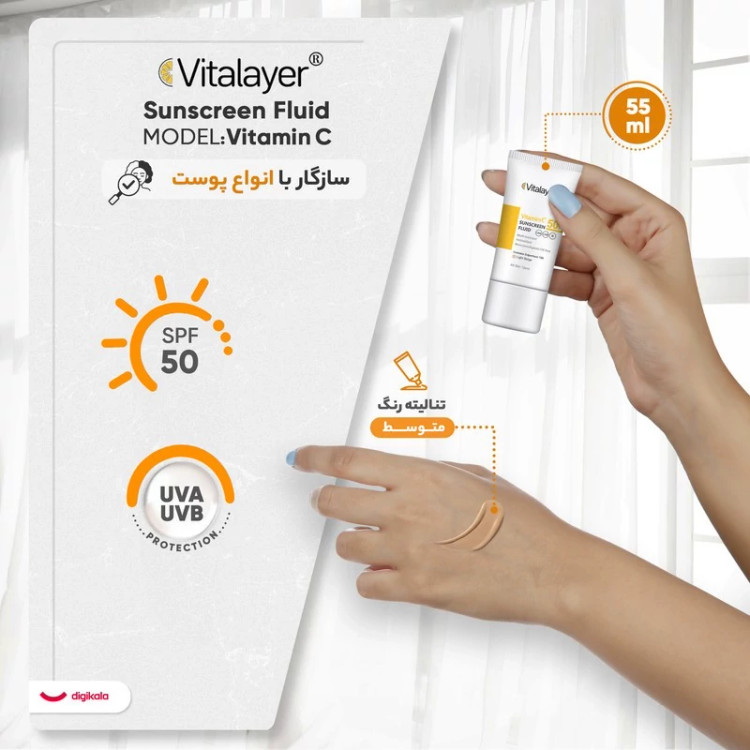 فلوئید ضدآفتاب رنگی ویتالیر، 50 SPF، مدل Vitamin C، مناسب انواع پوست تنالیته رنگ متوسط و حجم 50 میلیلیتر، ضد آب، محافظت