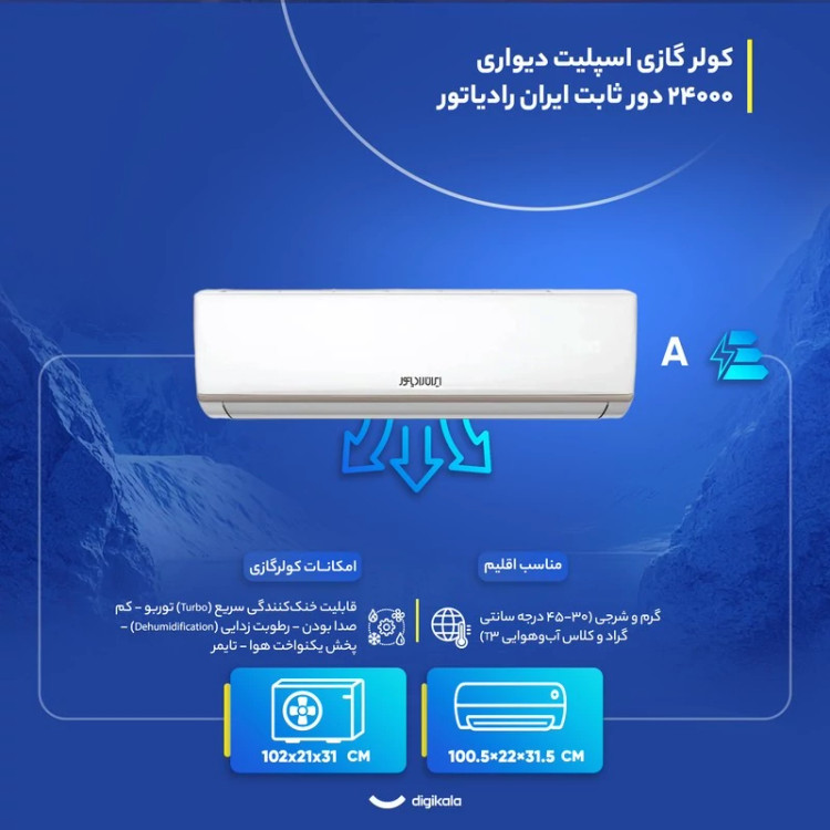 کولر گازی اسپلیت دیواری 24000 دور ثابت ایران رادیاتور مدل IAC-24CH/LF/A
