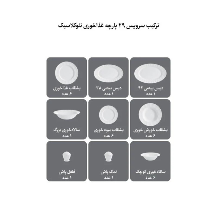 سرویس غذاخوری 29 پارچه چینی زرین ایران سری نئوکلاسیک مدل فرانسیس درجه عالی