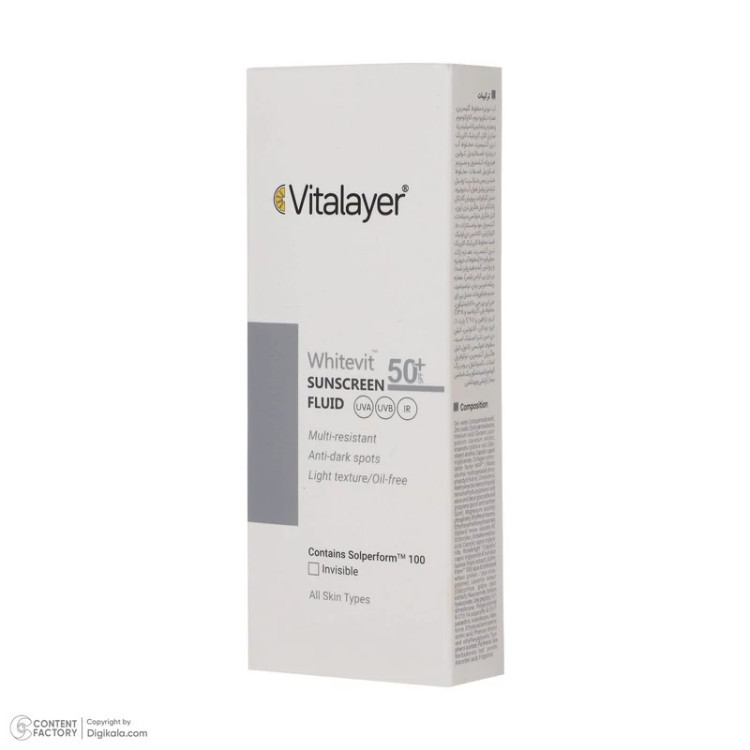 فلوئید ضدآفتاب بیرنگ ویتالیر SPF50 مدل Whitevit مناسب انواع پوست، حجم 50 میلیلیتر