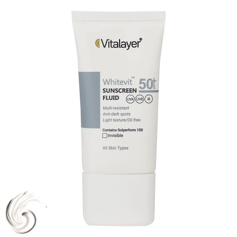 فلوئید ضدآفتاب بی‌رنگ ویتالیر SPF50 مدل Whitevit مناسب انواع پوست، حجم 50 میلی‌لیتر