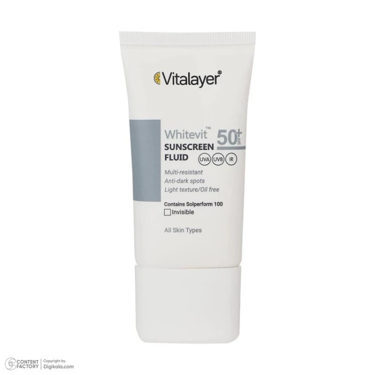 فلوئید ضدآفتاب بیرنگ ویتالیر SPF50 مدل Whitevit مناسب انواع پوست، حجم 50 میلیلیتر