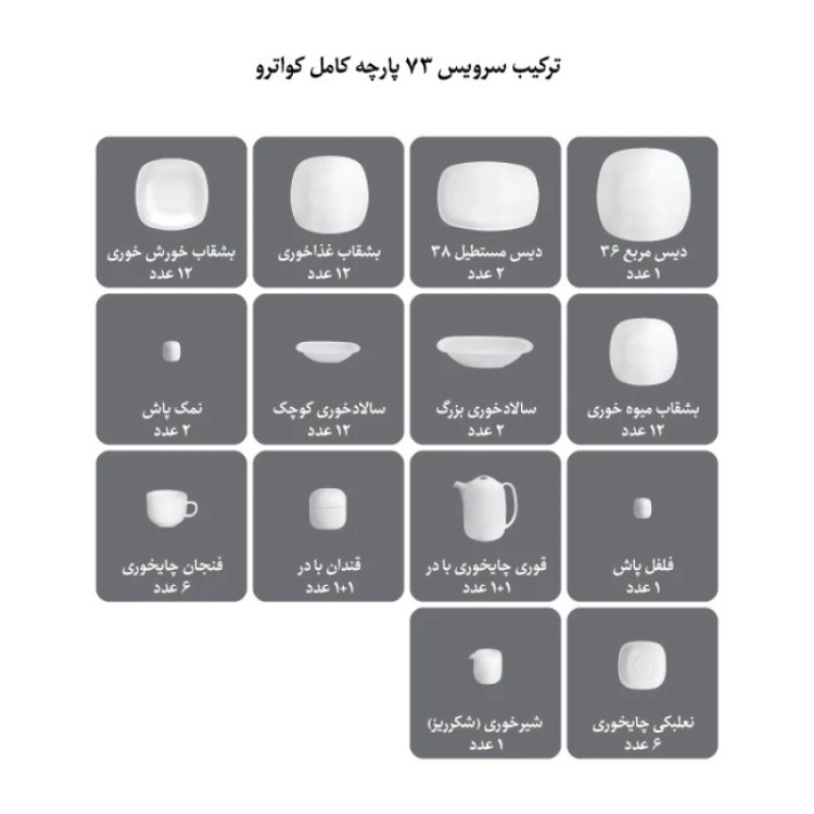سرویس غذاخوری 73 پارچه چینی زرین ایران مدل کواترو ادلین درجه یک