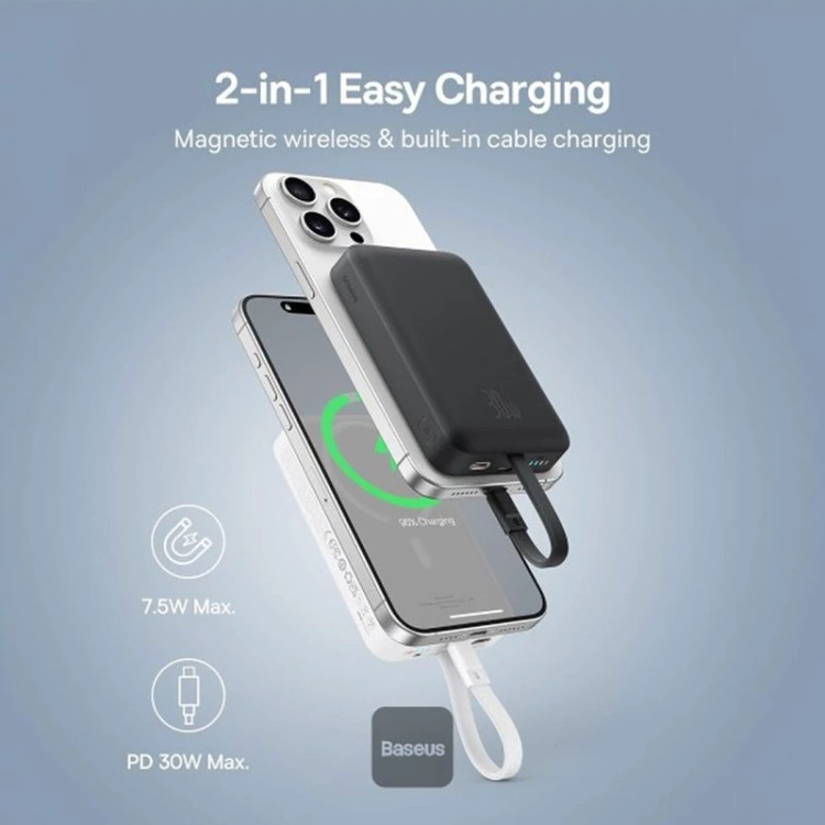 پاوربانک بیسیم 30 وات باسئوس مدل Magnetic Mini ظرفیت 10000 میلی آمپر ساعت