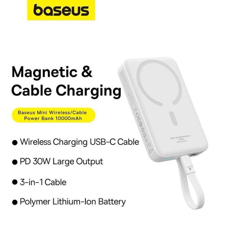 پاوربانک بیسیم 30 وات باسئوس مدل Magnetic Mini ظرفیت 10000 میلی آمپر ساعت