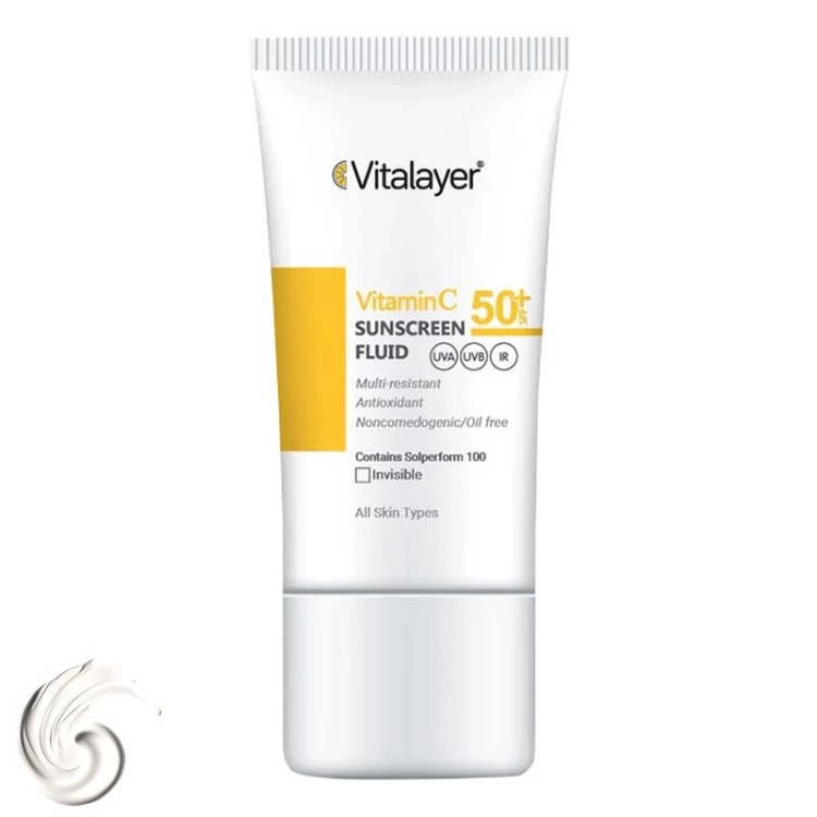 فلوئید ضدآفتاب بیرنگ ویتالیر SPF50 مدل Vitamin C مناسب انواع پوست، حجم 50 میلیلیتر