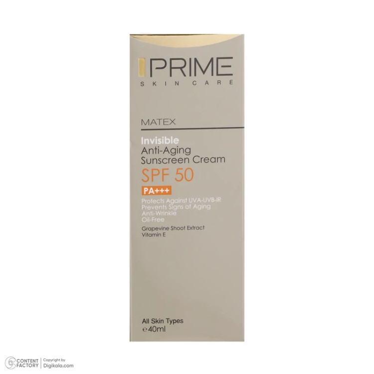 کرم ضد آفتاب و ضد چروک بی رنگ پرایم مدل Matex Colorless SPF50 مناسب انواع پوست حجم 40 میلی لیتر