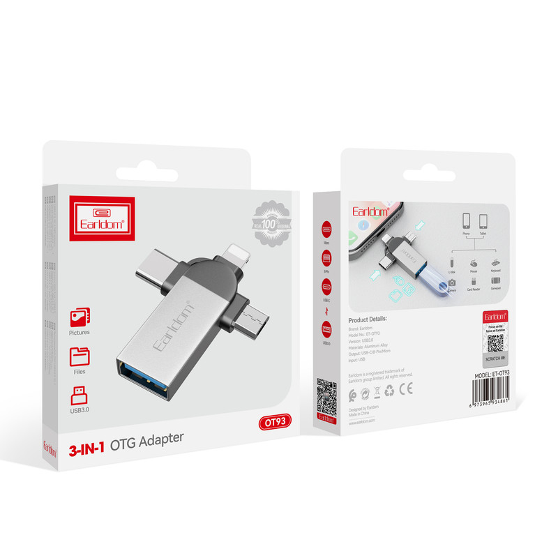 مبدل USB OTG به microUSB / لایتنینگ / USB-C ارلدام مدل ET-OT93